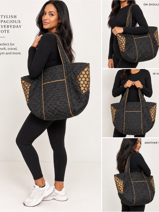 Cinda B Handbags - Cinda B Black Brown Hexagon Quilted Oversized Tote Bag Travel Carryall